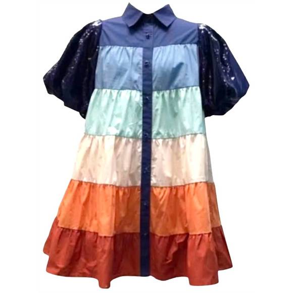 NEW QUEEN OF SPARKLES multi tiered dress w/ sequin sleeves in multi - Picture 2 of 3